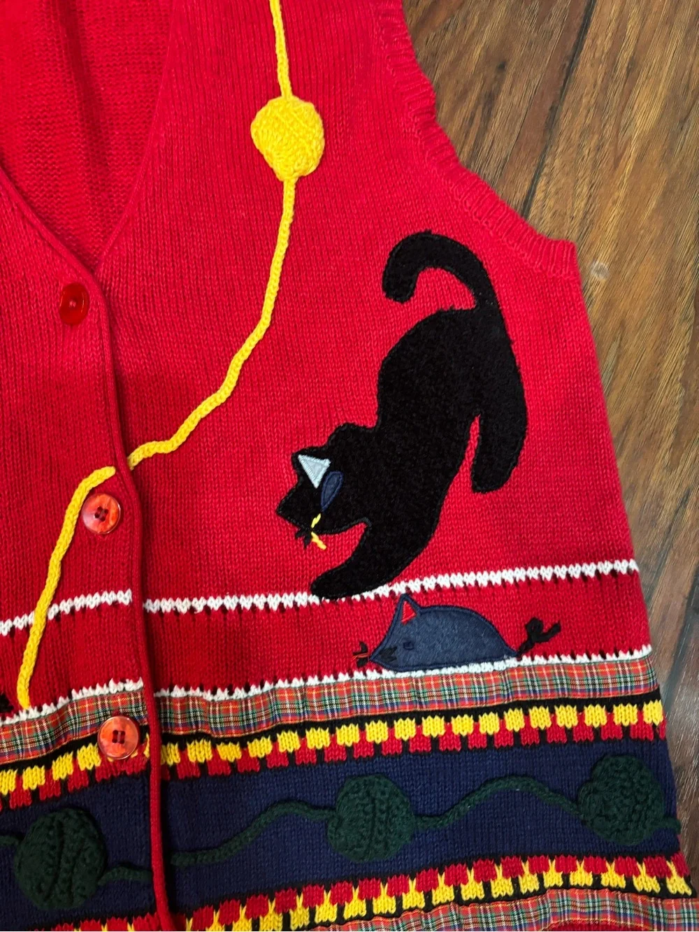 Grandma Core Adorable Red Cat Pattern Pet Lovers Knit Vest 1X